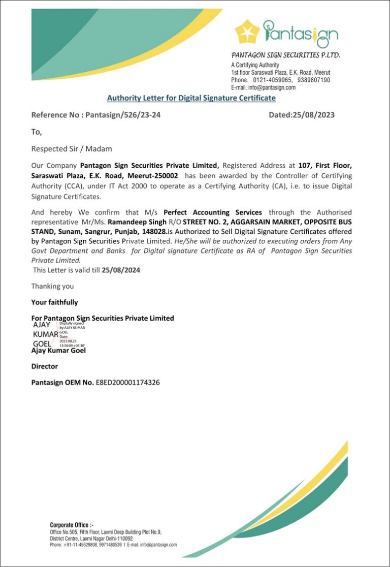 PantaSign Digital Signature Certificates Authorized Sales Partner Authorization Letter