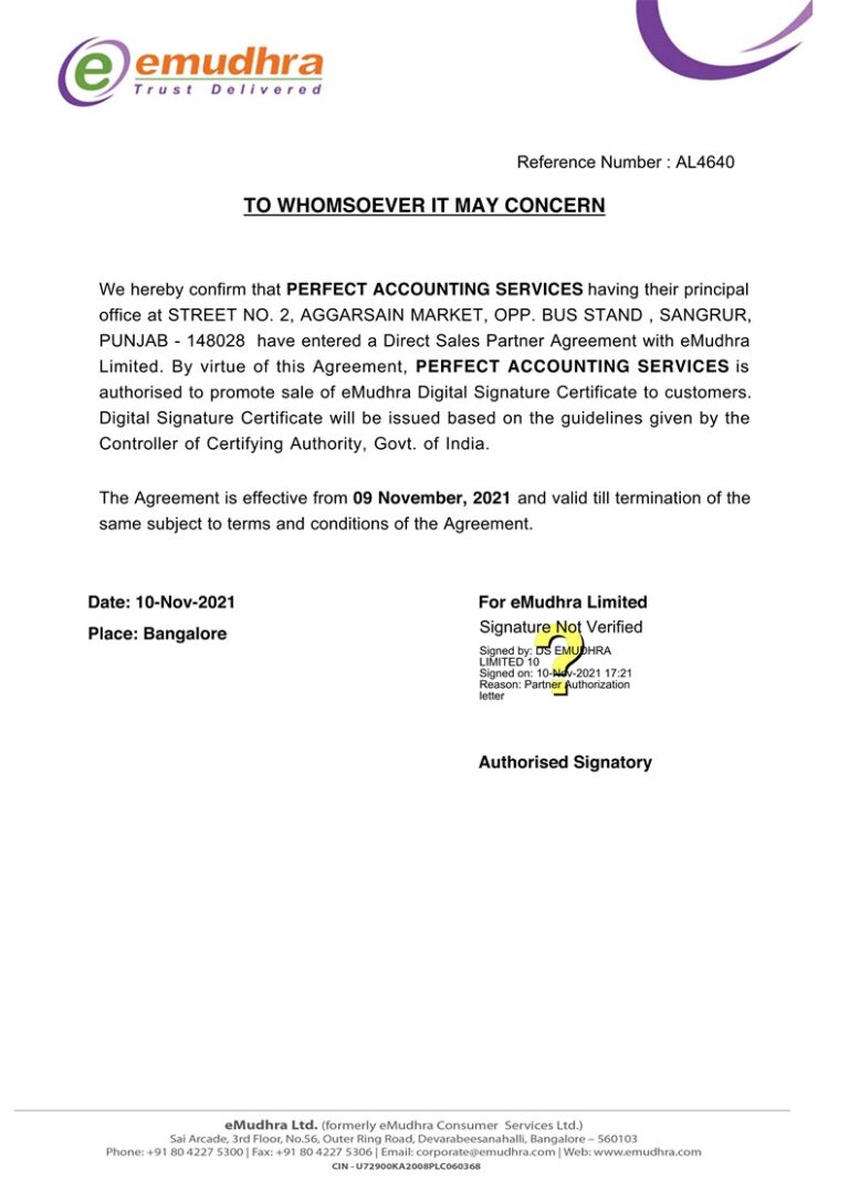 eMudhra Digital Signature Certificates Authorized Sales Partner Authorization Letter