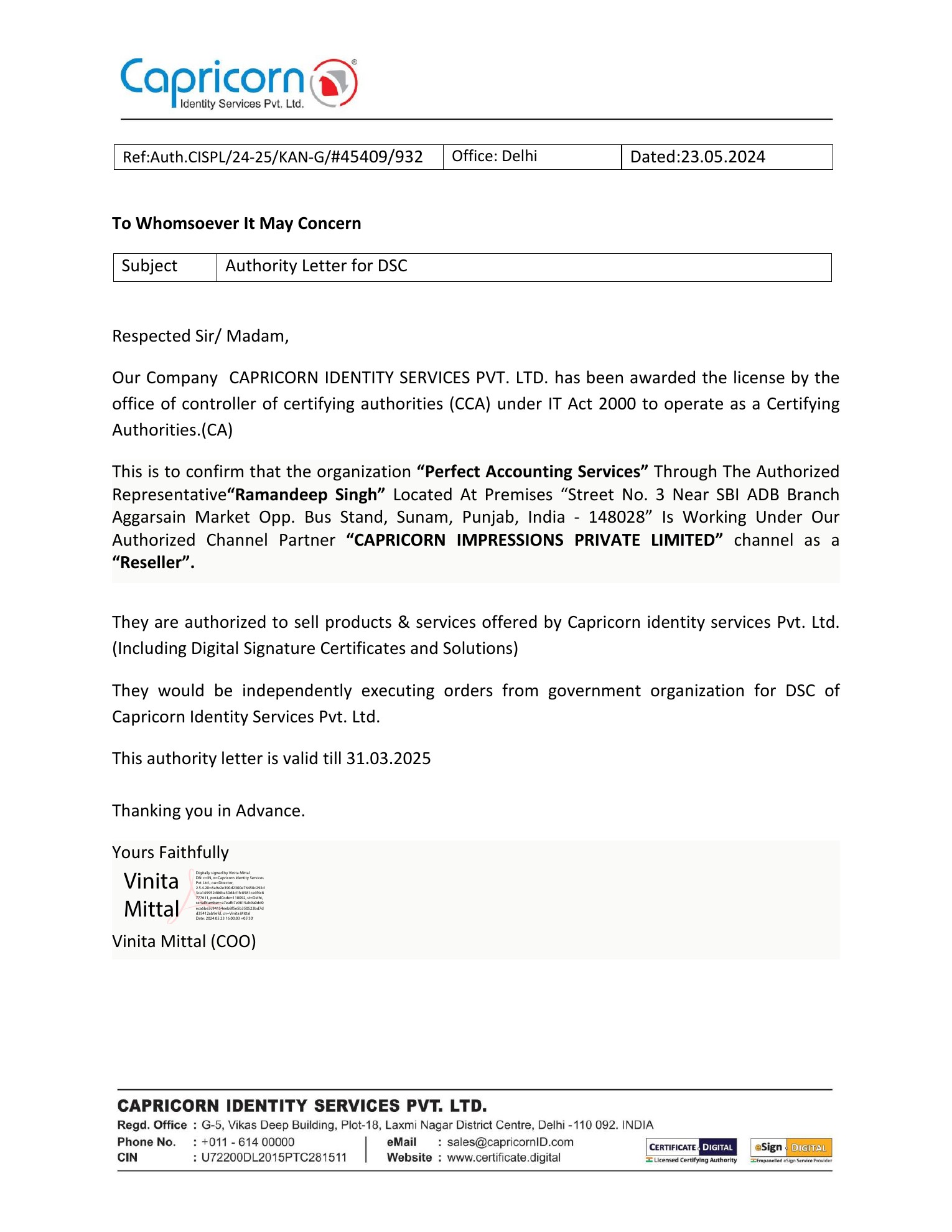 Capricorn Authority Letter