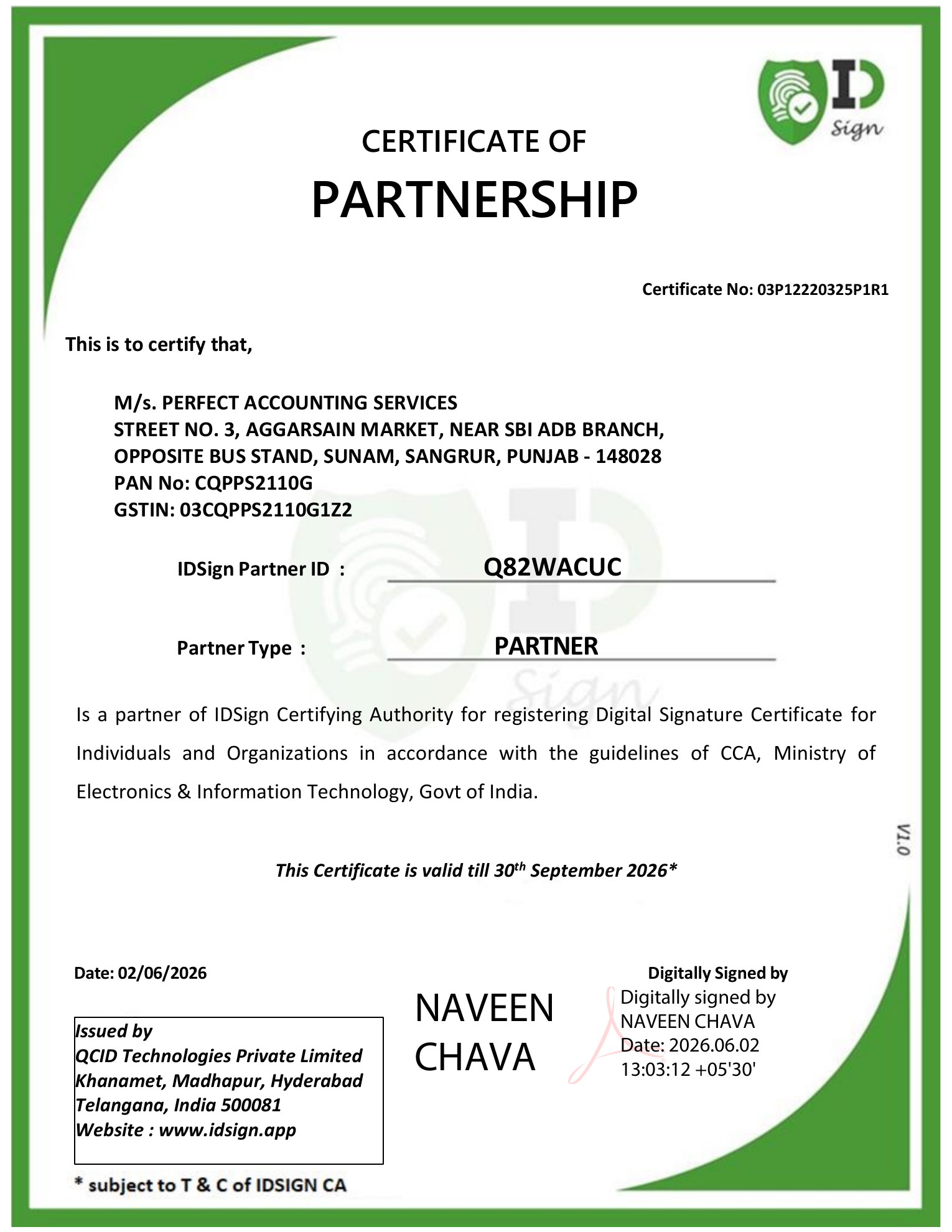 IDSign Certificate of Partnership