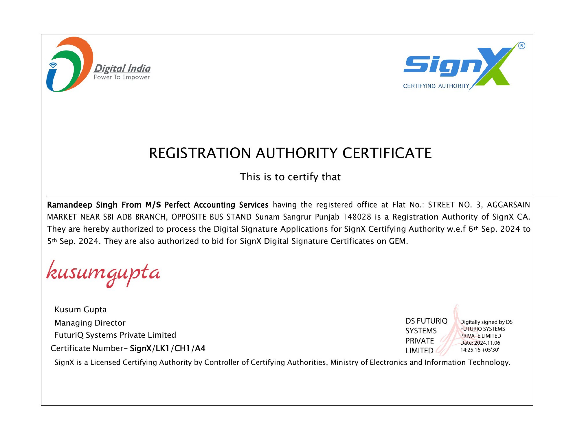 SignX Registration Authority Certificate